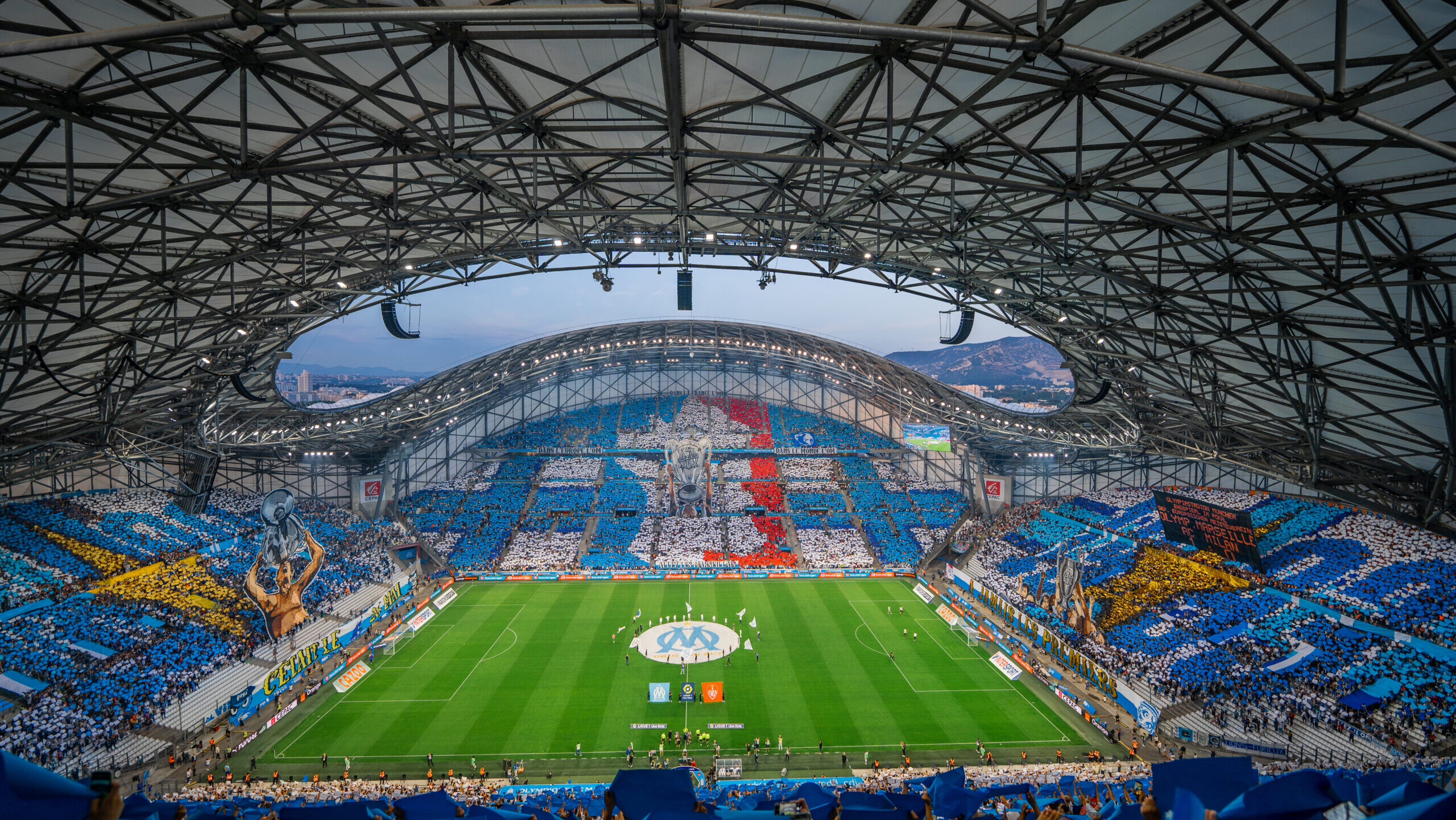 Aerial view of the Orange Velodrome during an Olympique de Marseille match